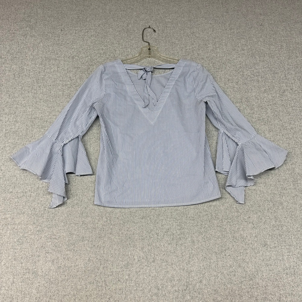 Express | Ruffle Bell Sleeve Blouse | XS | Blue White | Tie Back V-Neck Top